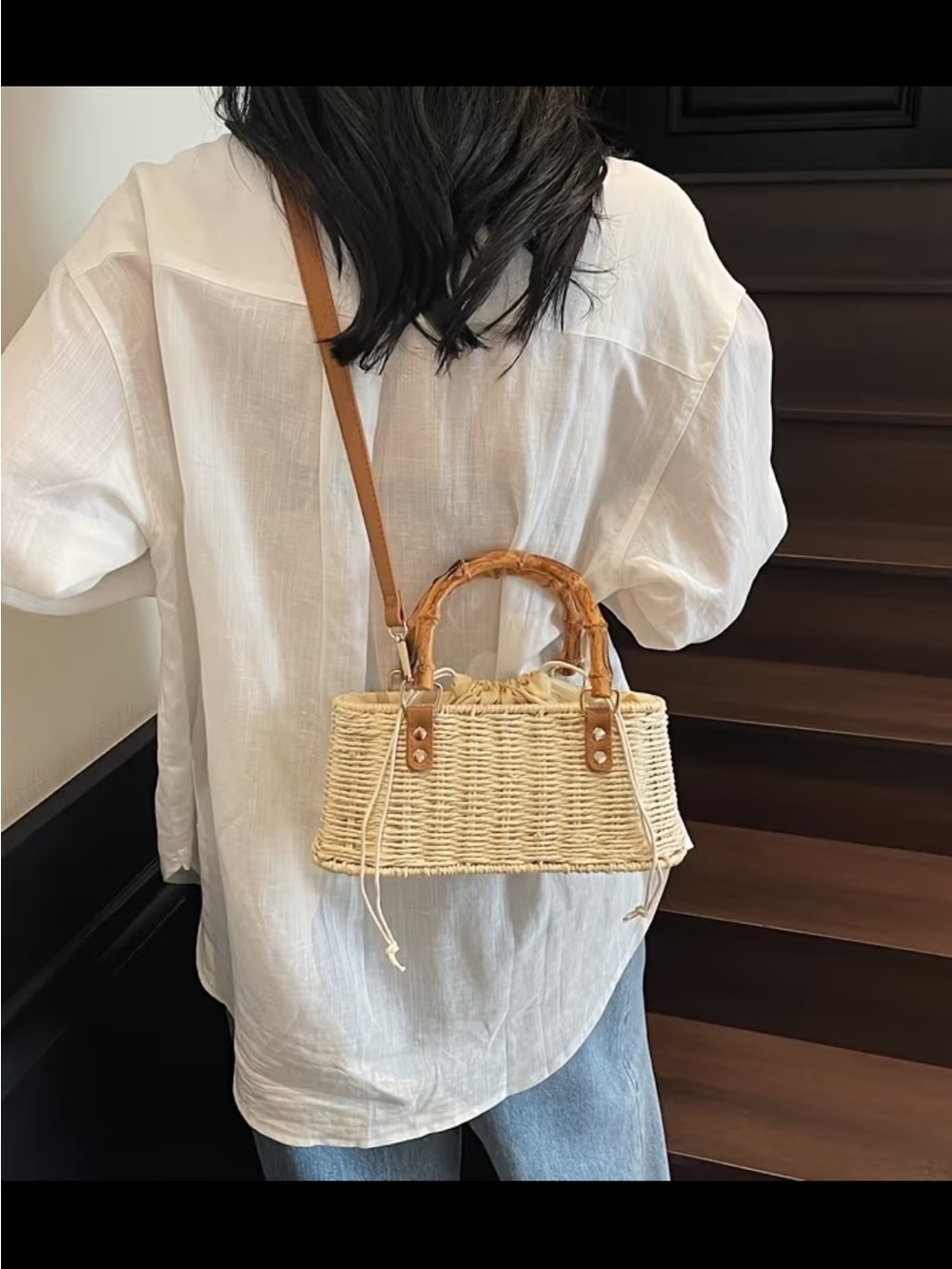 Affordable Fashion Finds Cream Woven Straw Tote with Bamboo Handles - Picture 2 of 4